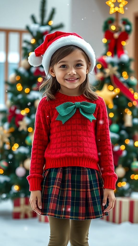A girl in a red sweater and green plaid skirt with a Santa hat in a snowy Christmas setting.